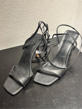 Strappy Black Ankle Tie Up Square-Toe Heels